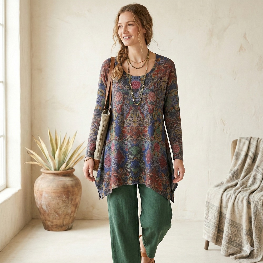 Soft‎ Surroundings Tunic Top  Womens Medium Paisley Floral Bohemian Preppy Boho